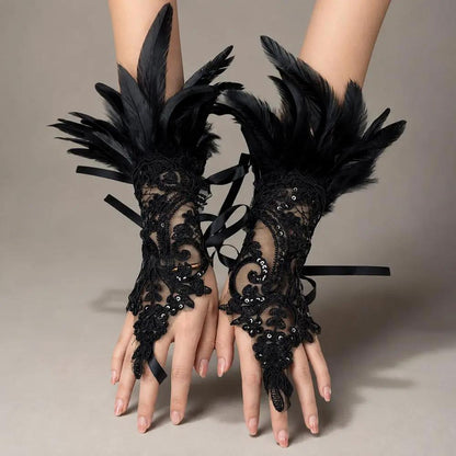 Halloween Feather Trim Lace Fingerless Costume Gloves - Costume Accessories from Glam Duchess