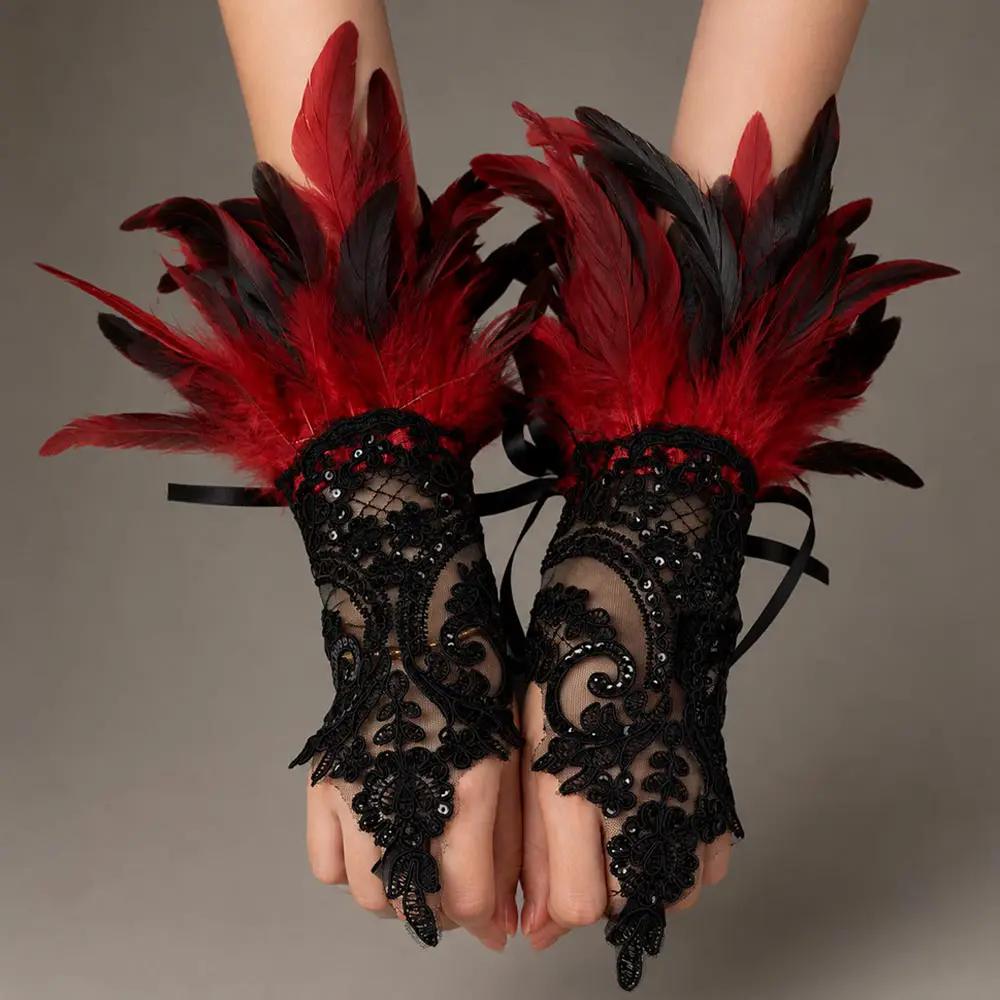 Halloween Feather Trim Lace Fingerless Costume Gloves - Costume Accessories from Glam Duchess