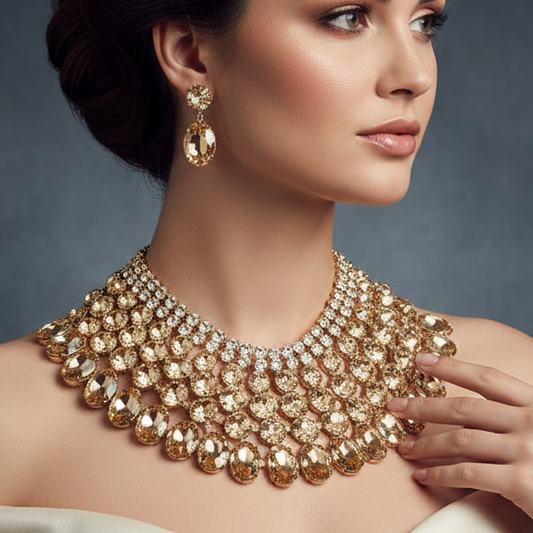 Champagne Crystal Necklace – Chunky Gold Statement Bib Jewelry Set with Matching Earrings