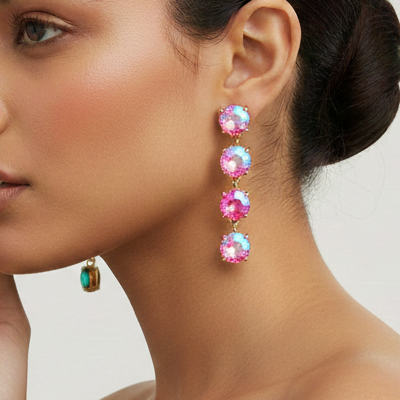 Round Stone Link Dangle Evening Earrings