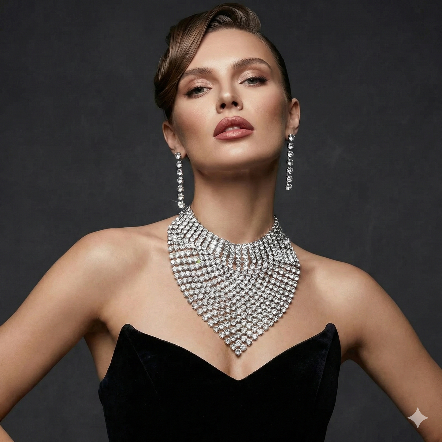 Rhinestone Choker Necklace - Luxury Statement Jewelry Set with Long Drop Earrings