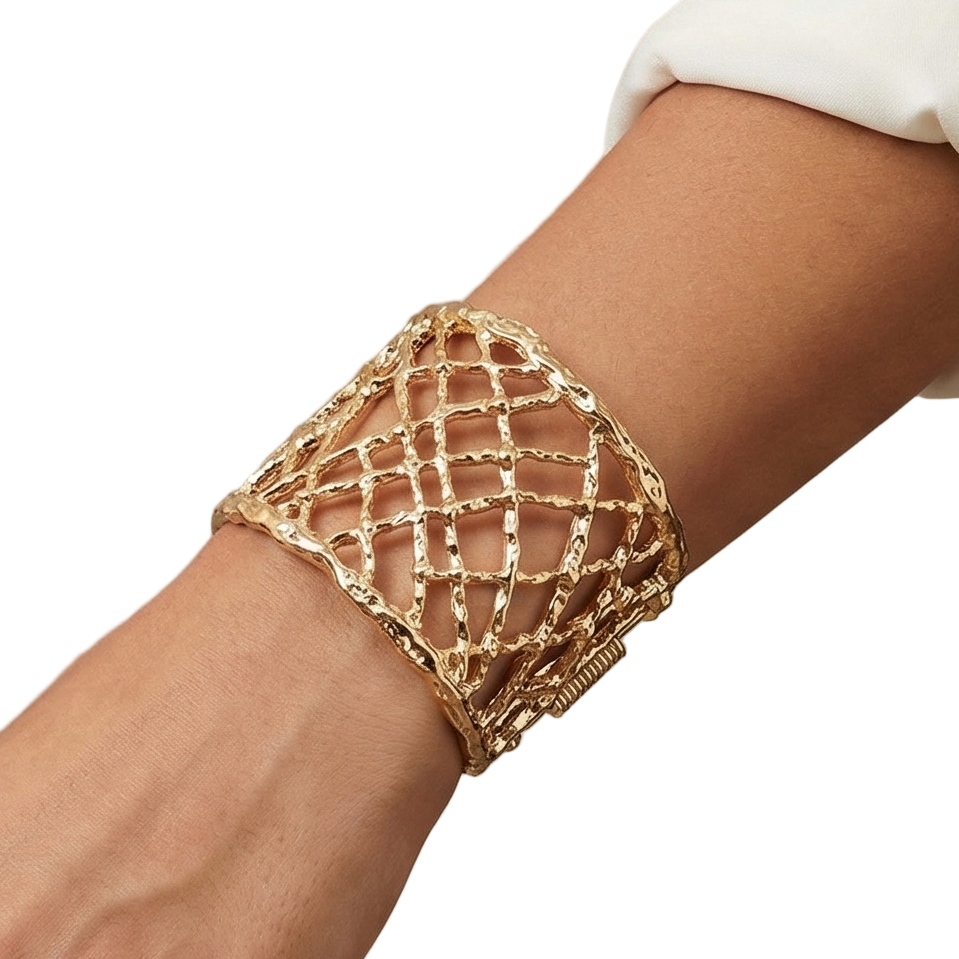 Hollow Out Cut Textured Metal Hinged Bracelet
