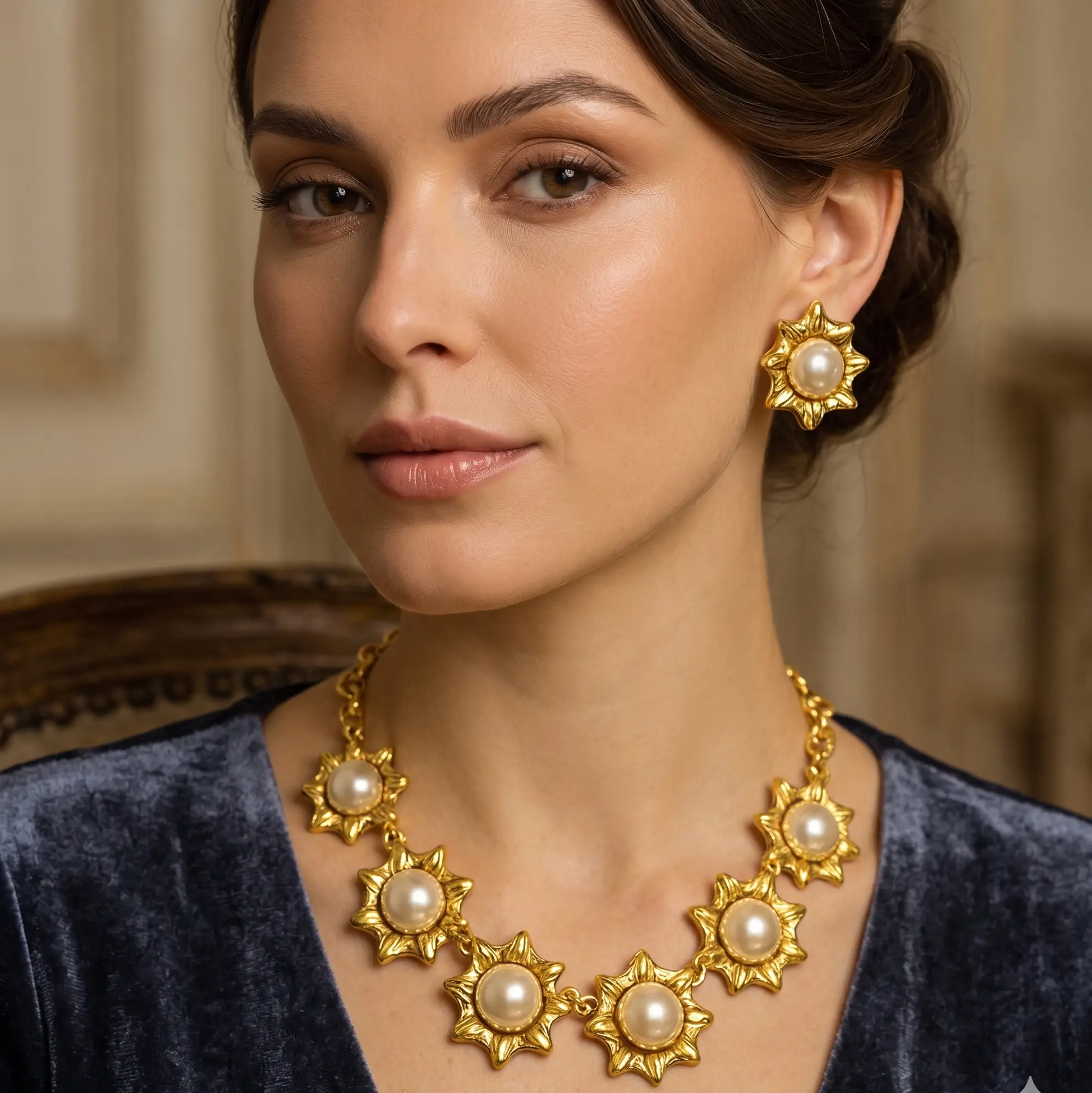 Gold Pearl Jewelry Set Starburst Necklace and Pearl Earrings For Brides Occasions - Jewelry Sets from Glam Duchess