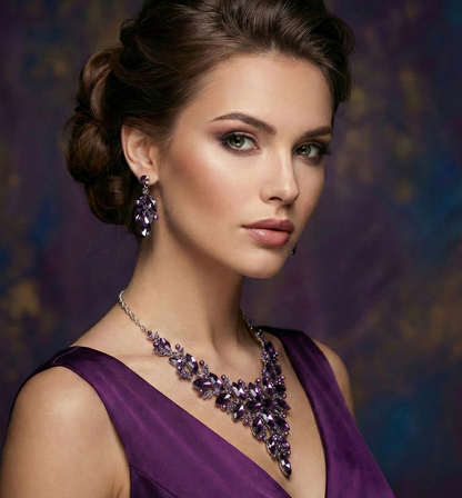 Purple Crystal Statement Necklace & Earrings Set – Amethyst Look Bridal Jewelry, Formal Evening Set