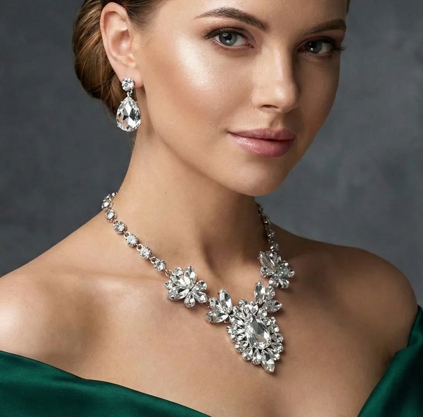 Crystal Statement Necklace – Bridal Jewelry Set With Teardrop Earrings | Adjustable Silver Tone