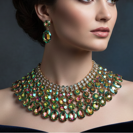 Green Crystal Necklace – Chunky Bib Statement Set With Matching Earrings by Glam Duchess (chunky-hot-pink-crystal-bib-necklace-statement-earrings-wedding-jewelry-set-copy)