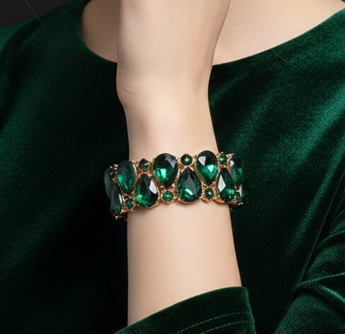 Emerald Green Teardrop Stretch Bracelet | Gold Tone Statement Crystal Bracelet for Evening & Special Occasions