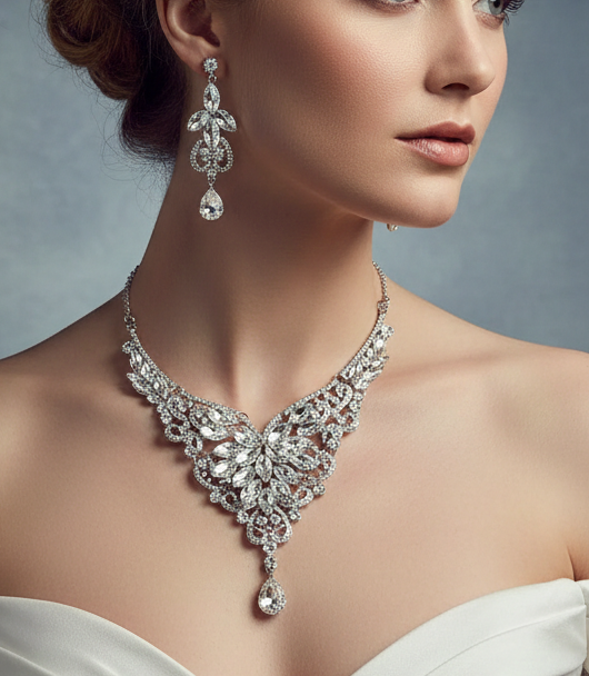 Silver Crystal Necklace Set – Luxury Bridal Jewelry with Teardrop Earrings & Adjustable Chain