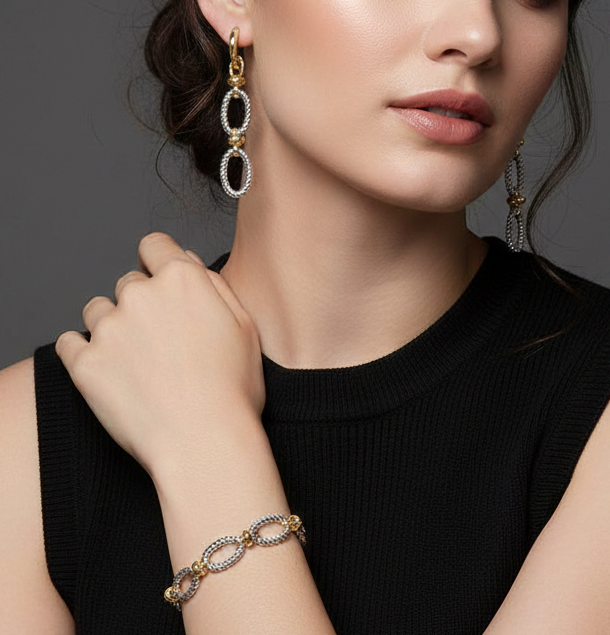 14K Gold Plated Two Tone Twisted Oval Link Drop Earrings Bracelet Set