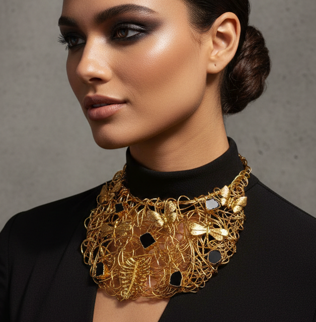 Handmade 24k Gold Plated "Golden Bloom" Statement Necklace - Natural Black Tourmaline & Filigree Butterfly Bib