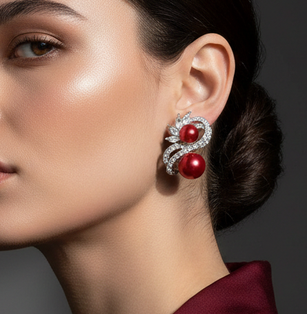 Double Pearl Accent Rhinestone Pave Swirl Clip On Earrings