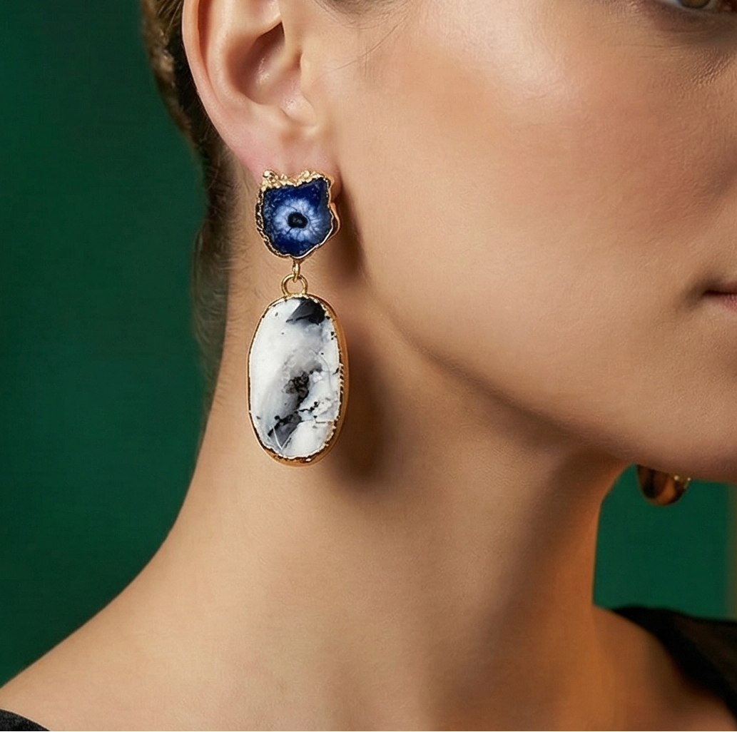 Gold Plated Earrings - Handmade Blue White Agate Stone Drop Earrings | Boho Chic Jewelry