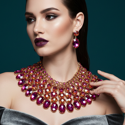 Hot Pink Crystal Necklace - Chunky Statement Bib Jewelry Set with Matching Earrings by Glam Duchess (chunky-hot-pink-crystal-bib-necklace-statement-earrings-wedding-jewelry-set)