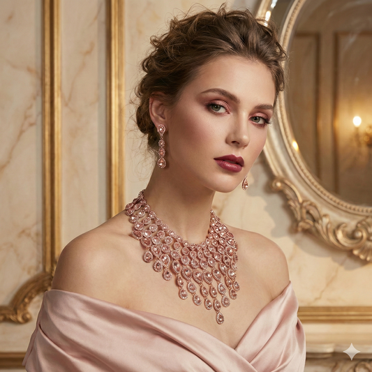 Rose Gold Statement Necklace – Chunky Jewelry Set With Turquoise Crystals & Long Drop Earrings