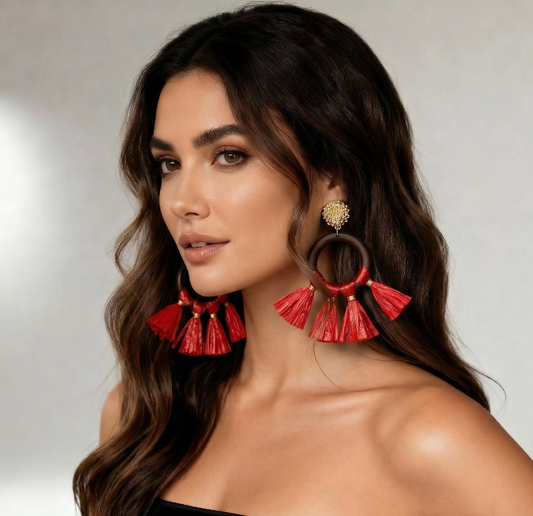 Wood Open Circle Raffia Tassel Dangle Earrings