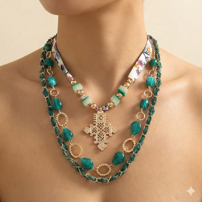 Abstract Mixed Charm Beaded Fabric Scarf Layered Necklace