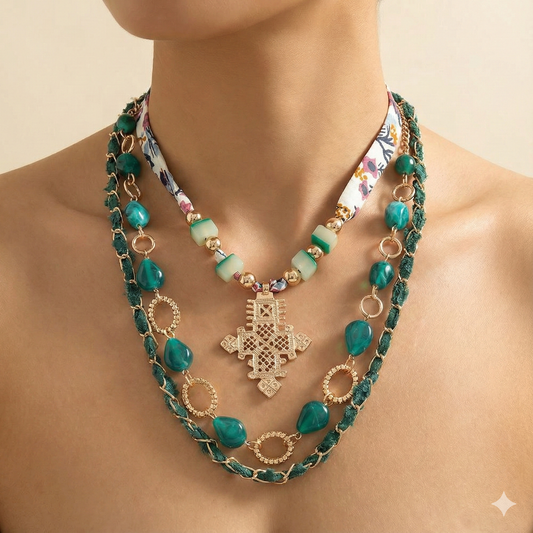 Abstract Mixed Charm Beaded Fabric Scarf Layered Necklace