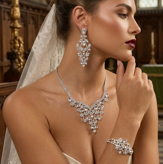 Elegant Bridal Crystal Jewelry Set – Statement Wedding Necklace, Stud Earrings & Bracelet for Brides & Special Occasions by Glam Duchess (luxury-crystal-floral-drop-necklace-bridal-evening-statement-jewelry)