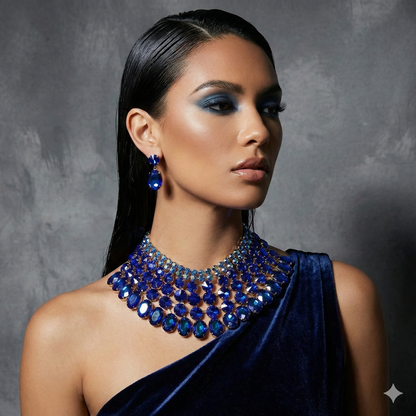 Blue Crystal Necklace – Chunky Bib Statement Jewelry Set With Matching Earrings