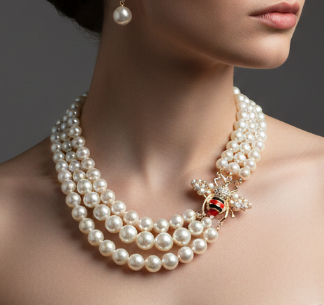 Honey Bee Pointed Pearl Layered Necklace Earrings Jewelry set