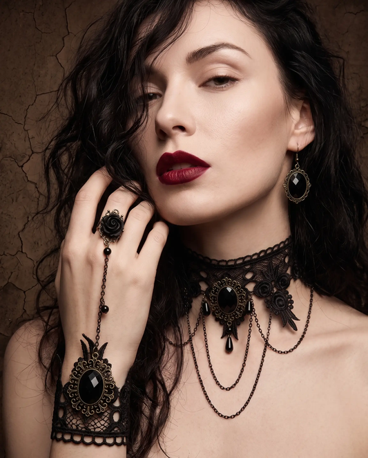 Victorian Gothic Choker | Black Lace Necklace With Crystal & Antique Gold by Glam Duchess (black-choker-collar-necklace-wedding-jewelry-victorian-black-lace-choker-necklace-gothic-wedding-choker-ballroom-necklace-jewelry)