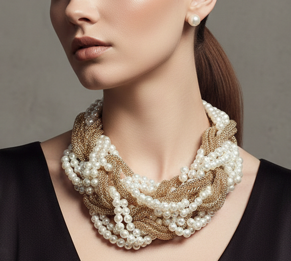 Bold Braided Pearl Metal Mesh Knot Statement Necklace Earrings Jewelry Set