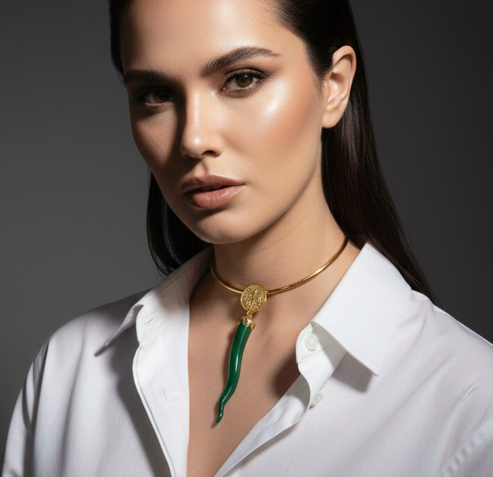 24K Gold Plated Open Choker Necklace with Green Italian Horn Pendant – Mediterranean Style Torc Choker – Good Luck Cornicello Jewelry for Women