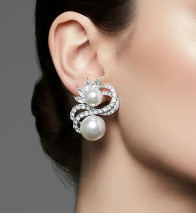 Double Pearl Accent Rhinestone Pave Swirl Clip On Earrings by Glam Duchess (double-pearl-accent-rhinestone-pave-swirl-clip-on-earrings-1)