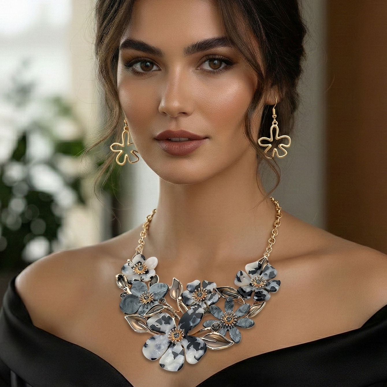 Resin Floral Statement Necklace Earrings Jewelry Set