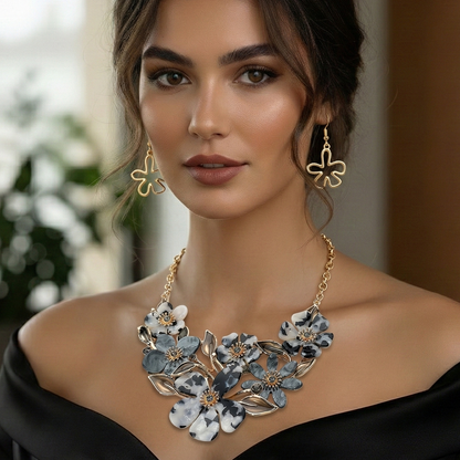 Resin Floral Statement Necklace Earrings Jewelry Set