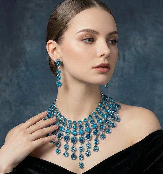Turquoise Statement Necklace - Chunky Jewelry Set With Crystal Earrings | Luxury Silver-Tone