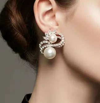 Double Pearl Accent Rhinestone Pave Swirl Clip On Earrings by Glam Duchess (double-pearl-accent-rhinestone-pave-swirl-clip-on-earrings-1)