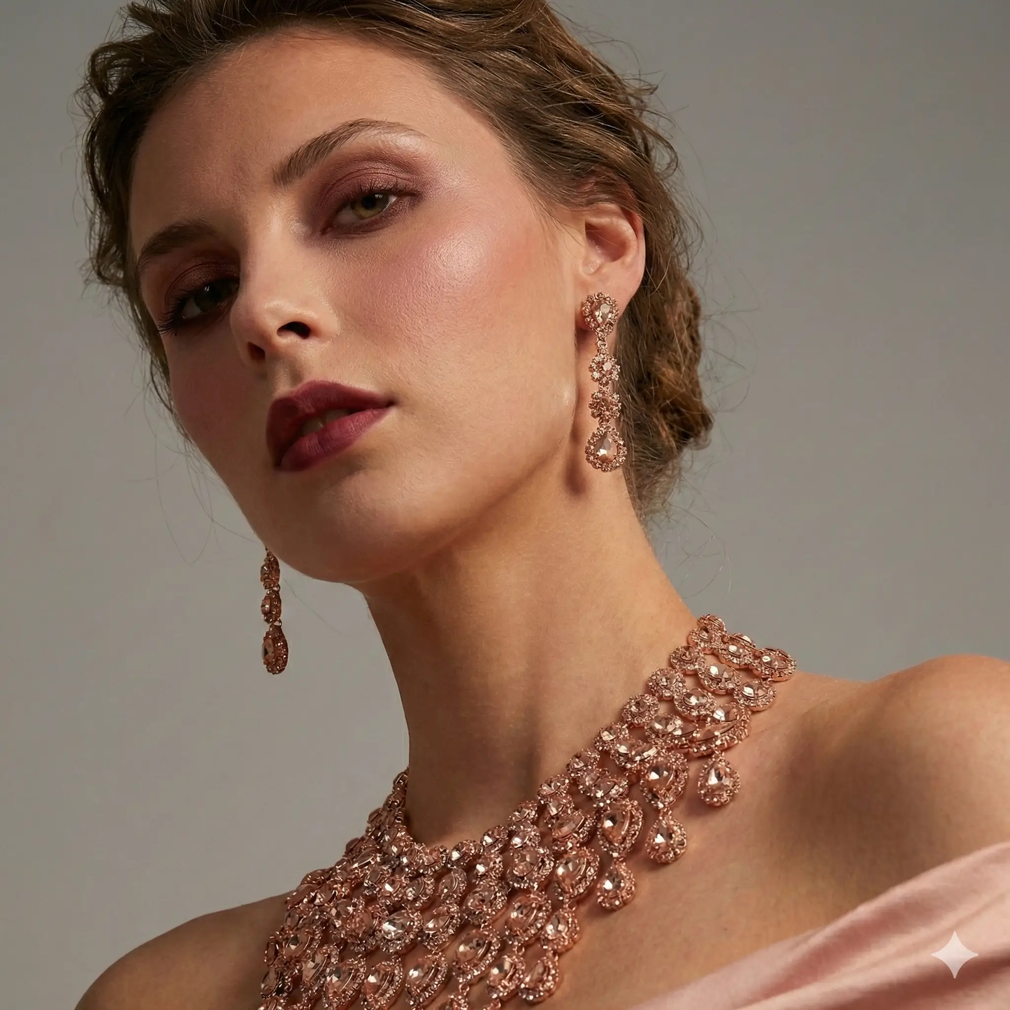 Rose Gold Statement Necklace – Chunky Jewelry Set With Turquoise Crystals & Long Drop Earrings by Glam Duchess (luxury-chunky-turquoise-statement-necklace-earrings-set-copy)