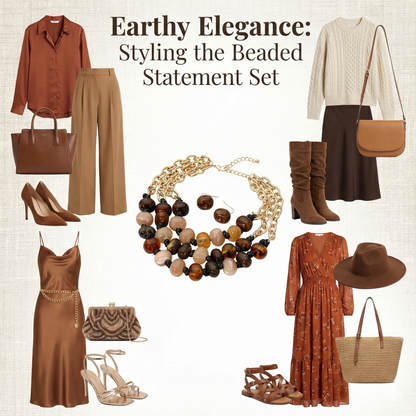 Chunky Marbled Resin Pebble Beaded Triple Layered Strand Statement Necklace Earrings Jewelry Set