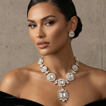 Crystal Statement Necklace & Earrings Set – Vintage Bridal Choker with Drop Pendant, Gold Tone Formal Jewelry