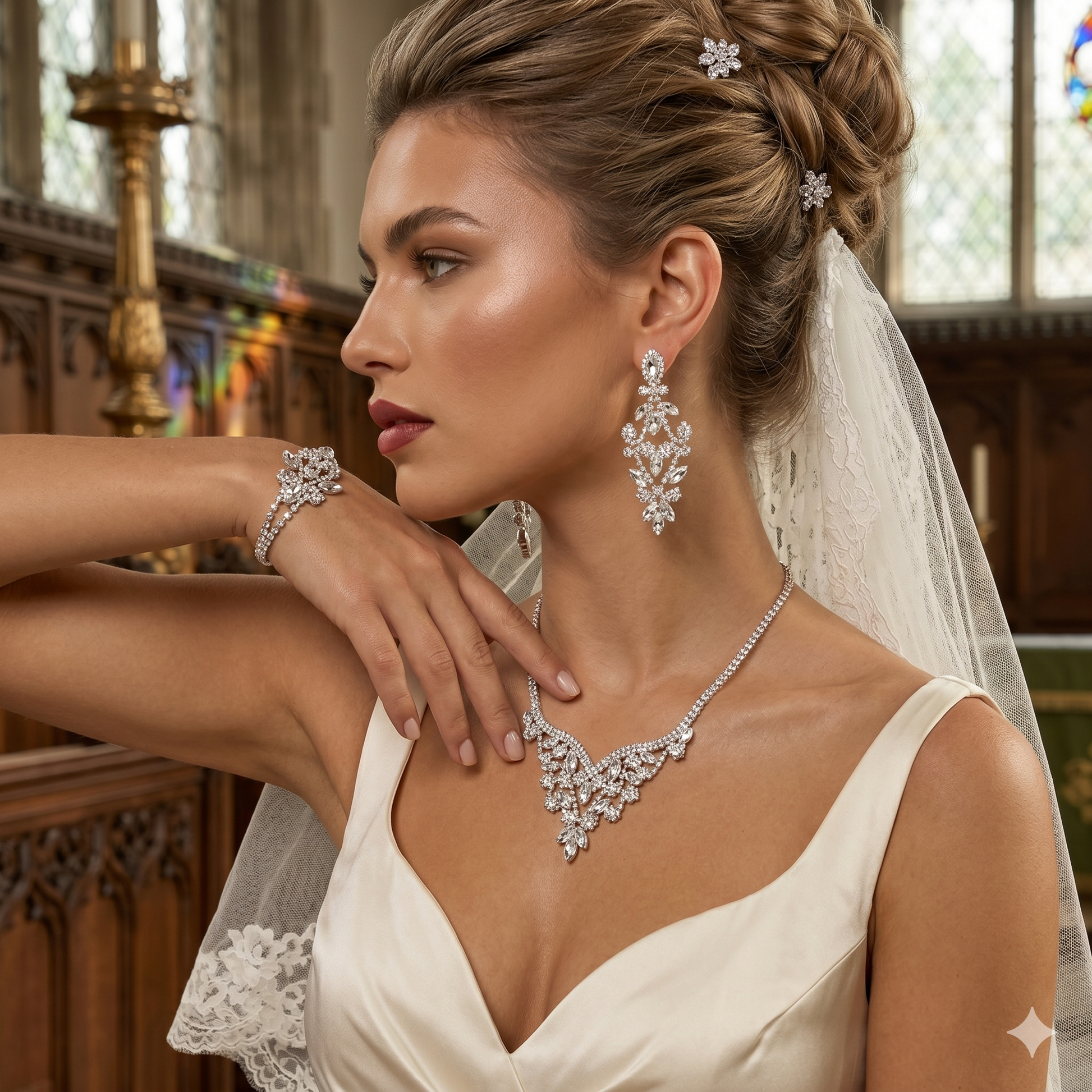 Elegant Bridal Crystal Jewelry Set – Statement Wedding Necklace, Stud Earrings & Bracelet for Brides & Special Occasions by Glam Duchess (luxury-crystal-floral-drop-necklace-bridal-evening-statement-jewelry)