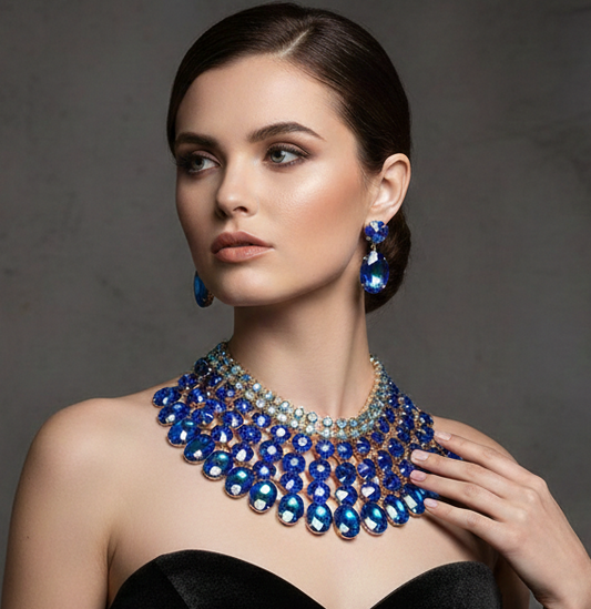 Blue Crystal Necklace – Chunky Bib Statement Jewelry Set With Matching Earrings