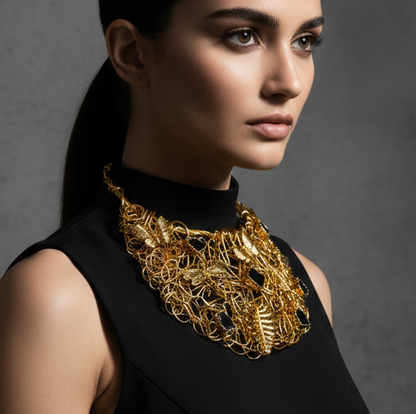 Handmade 24k Gold Plated "Golden Bloom" Statement Necklace - Natural Black Tourmaline & Filigree Butterfly Bib
