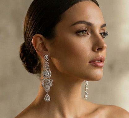 Bridal Chandelier Earrings – Silver Crystal Drop Long Wedding Jewelry by Glam Duchess (bridal-chandelier-earrings-wedding-long-earrings-jewelry)