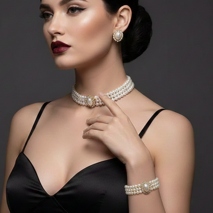 Victorian Pearl Choker - Elegant Bridal Jewelry Set | Adjustable Necklace, Stud Earrings & Pearl Bracelet