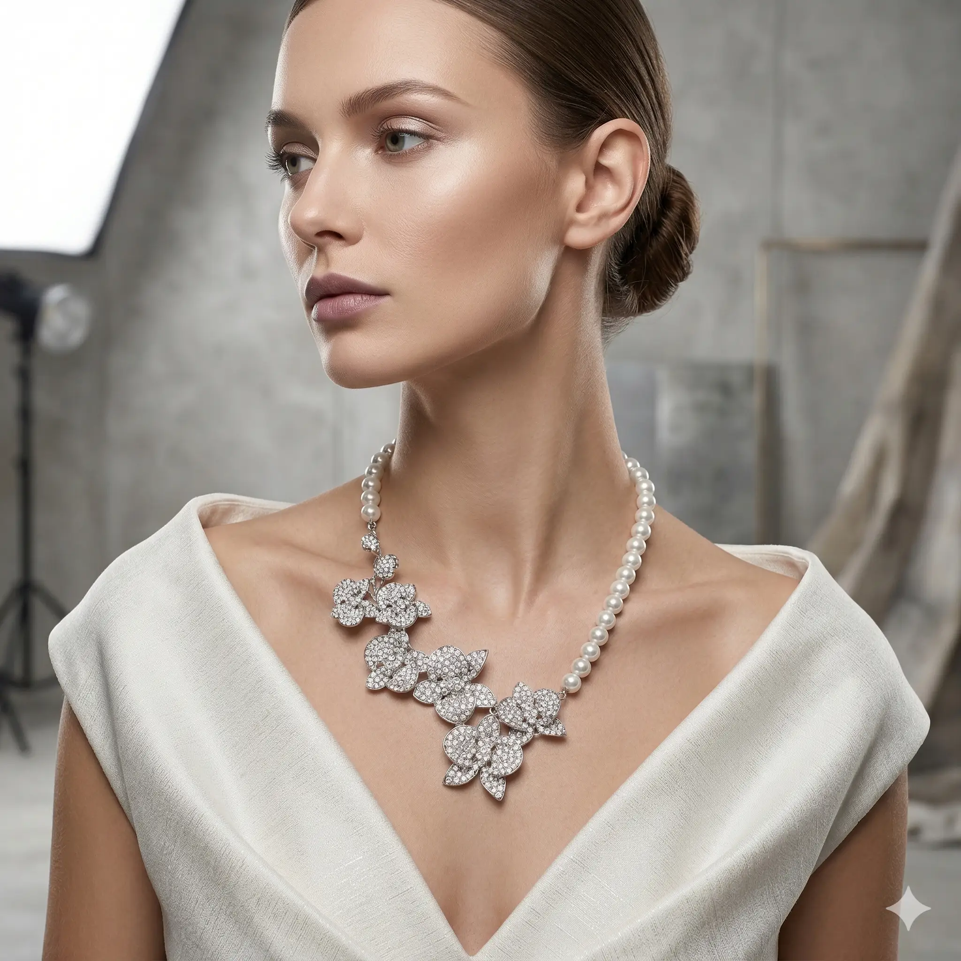 Bridal Jewelry Set - Statement Earrings and Necklace with Crystal Pearl Orchid Flowers by Glam Duchess (bridal-statement-earrings-necklace-set-crystal-pearl-orchid-flowers-unique-wedding-jewelry-perfect-gift-for-brides)