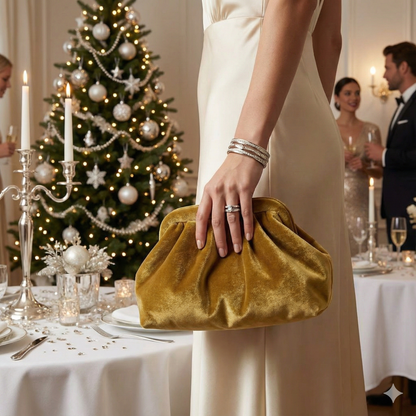 Gold Velvet Clutch - Elegant Pleated Evening Bag for Formal Party & Wedding