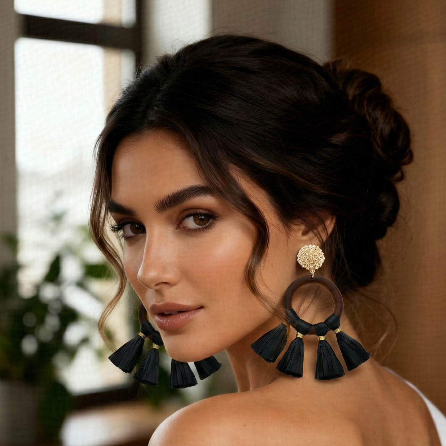 Wood Open Circle Raffia Tassel Dangle Earrings