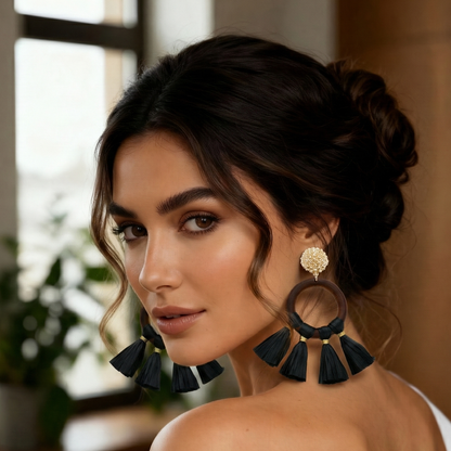 Wood Open Circle Raffia Tassel Dangle Earrings