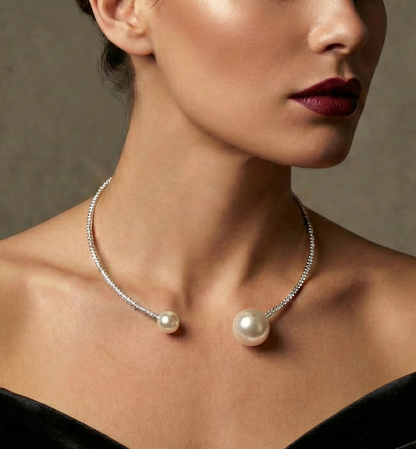 Pearl Choker Necklace – Elegant Wedding Choker With Crystal Pearl & Rhinestone Collar by Glam Duchess (crystal-pearl-open-choker-collar-wedding-jewelry)