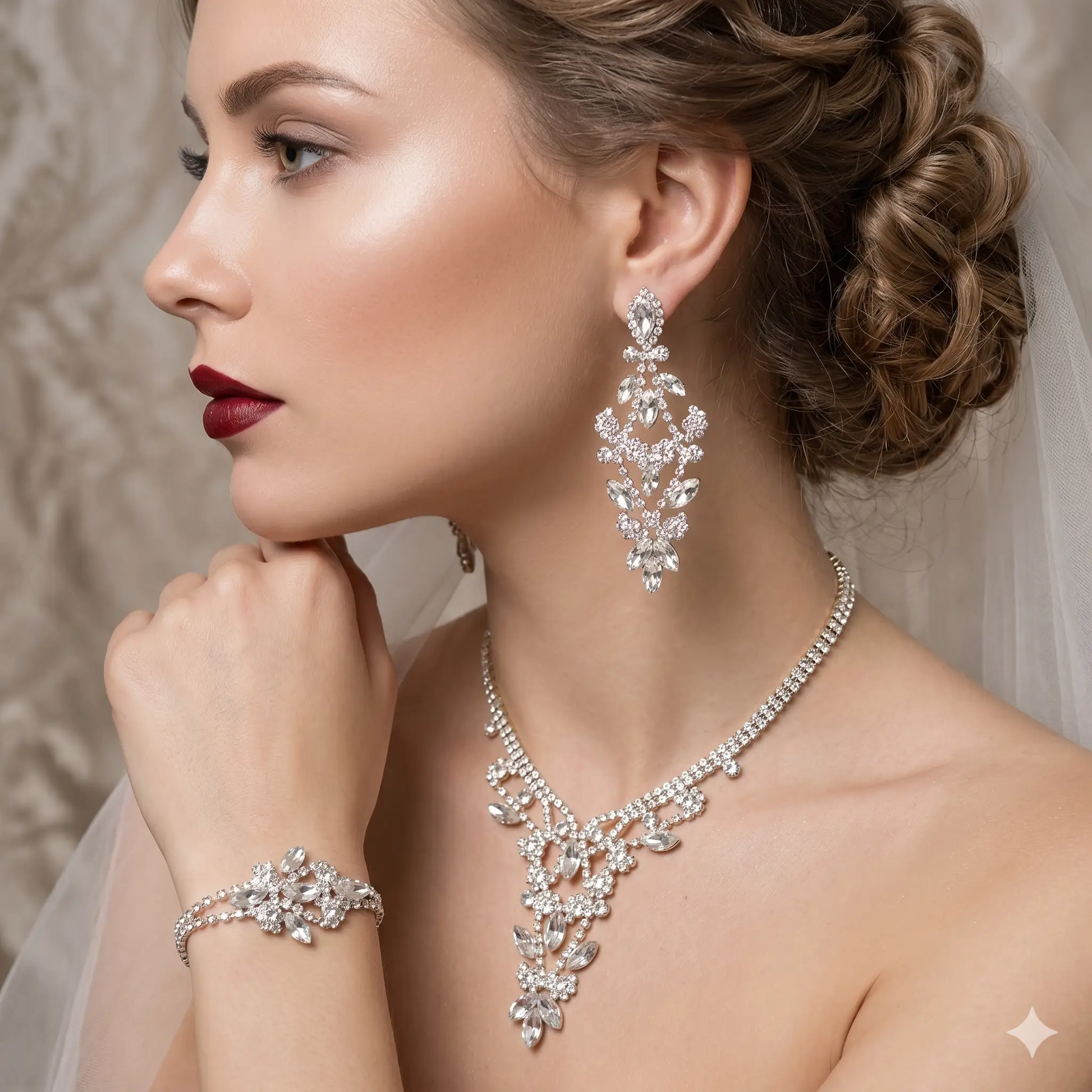 Elegant Bridal Crystal Jewelry Set – Statement Wedding Necklace, Stud Earrings & Bracelet for Brides & Special Occasions by Glam Duchess (luxury-crystal-floral-drop-necklace-bridal-evening-statement-jewelry)