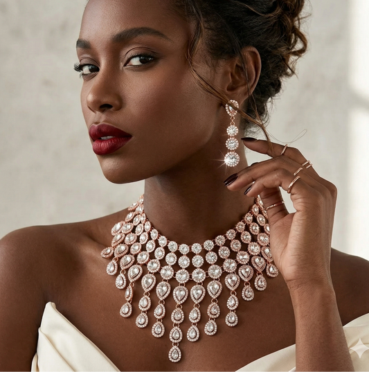 Rose Gold Statement Necklace | Chunky Jewelry Set With Turquoise Crystals & Matching Earrings