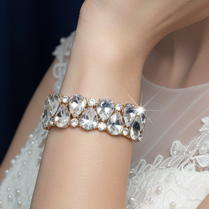 Clear Crystal Teardrop Stretch Bracelet | Gold Tone Bridal Statement Bracelet