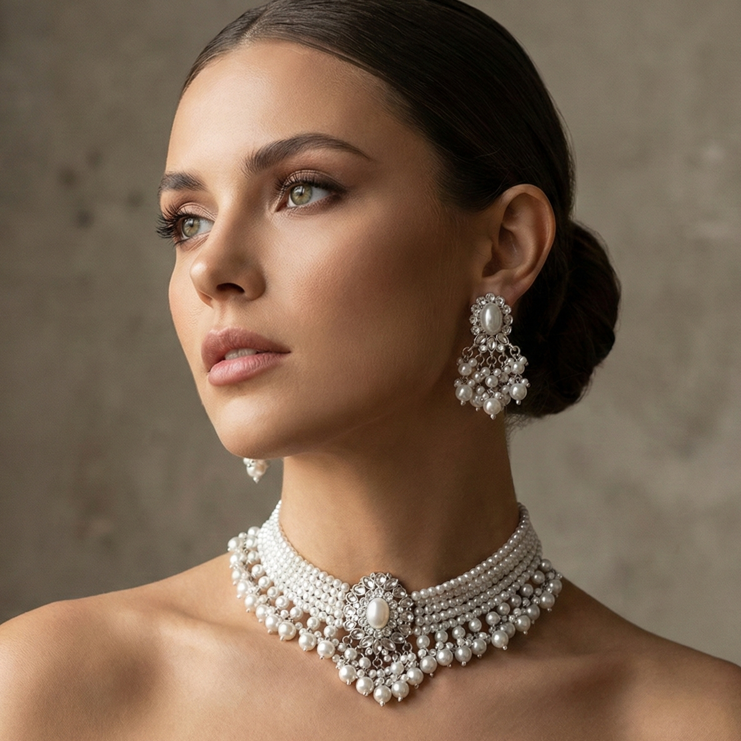 Handmade Pearl Bridal Jewelry Set – Multi-Layer Statement Necklace & Earrings