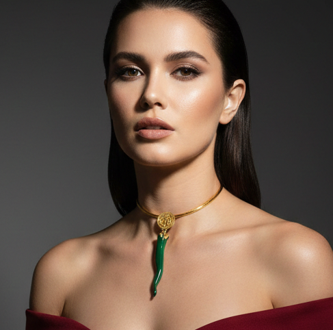 24K Gold Plated Open Choker Necklace with Green Italian Horn Pendant – Mediterranean Style Torc Choker – Good Luck Cornicello Jewelry for Women